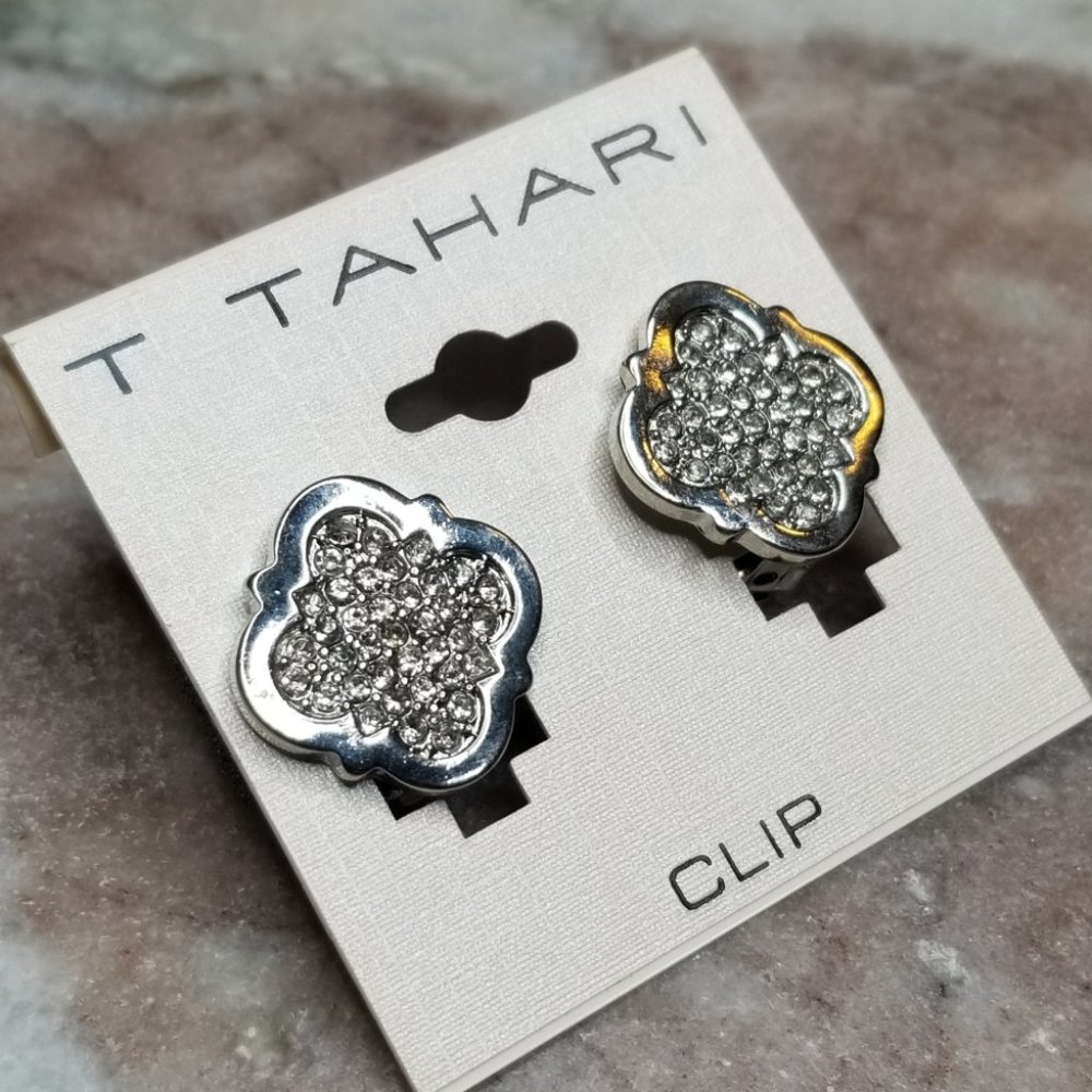 T Tahari Moroccan Metal Clip Button Silver Earrings